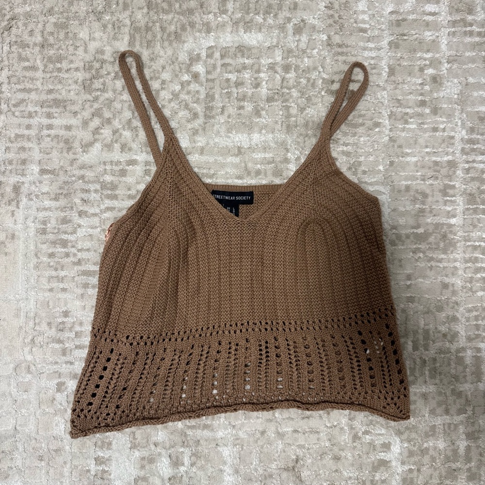 Brown Knit Crochet Cropped Tank Top